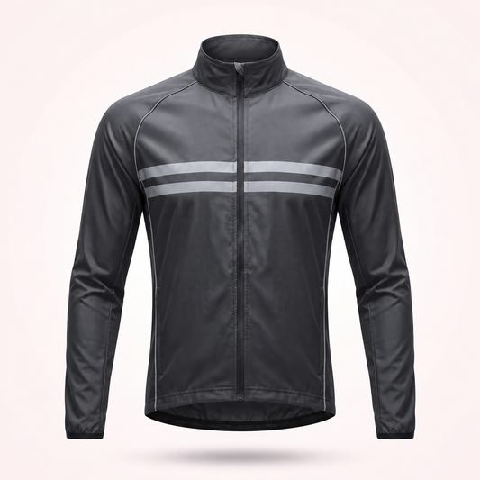 Front view of a black stand-collar cycling jacket with two grey reflective stripes across the chest and a full-length zip. 1