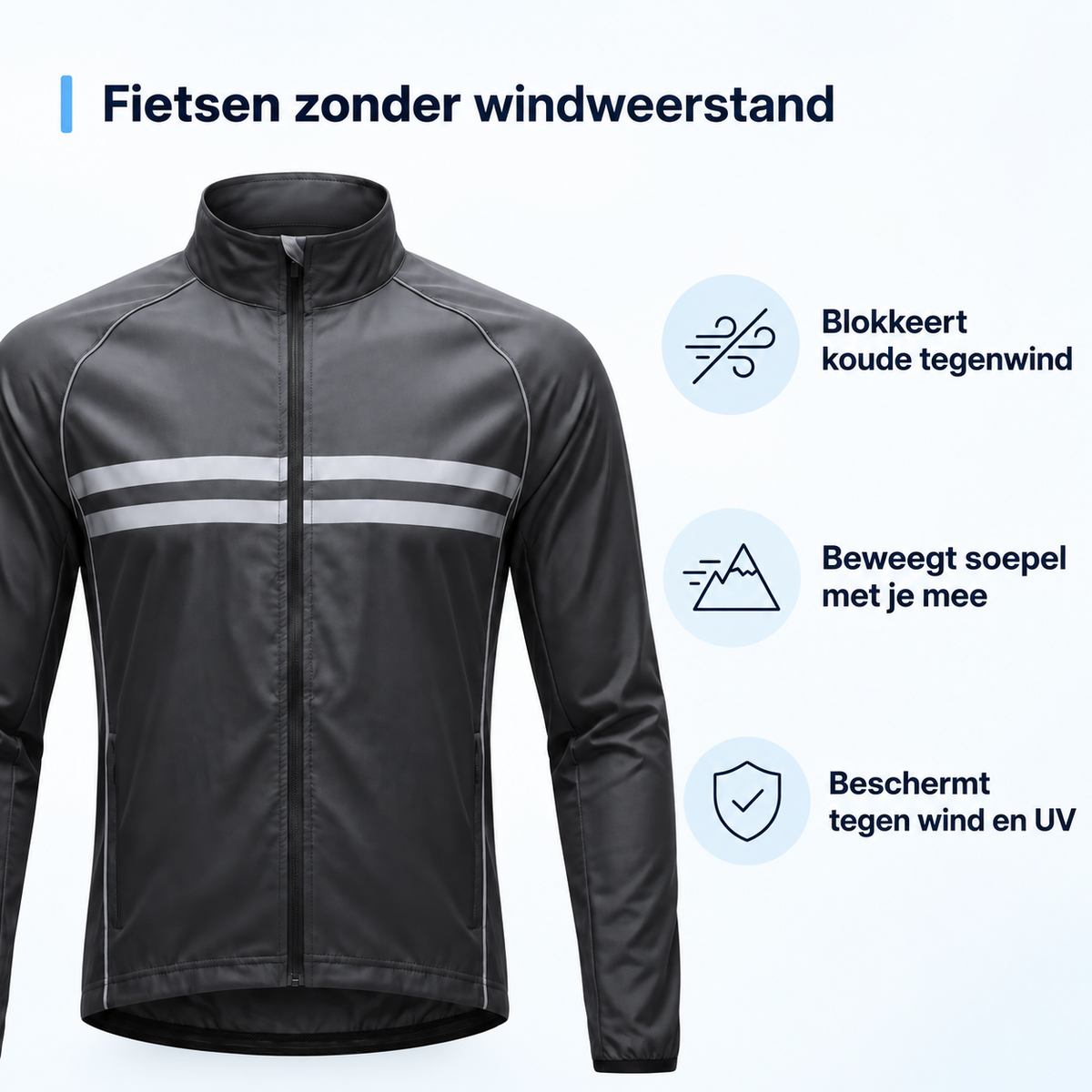 Black jacket shown from the front beside three icon panels on wind protection, flexible movement and UV protection. 3