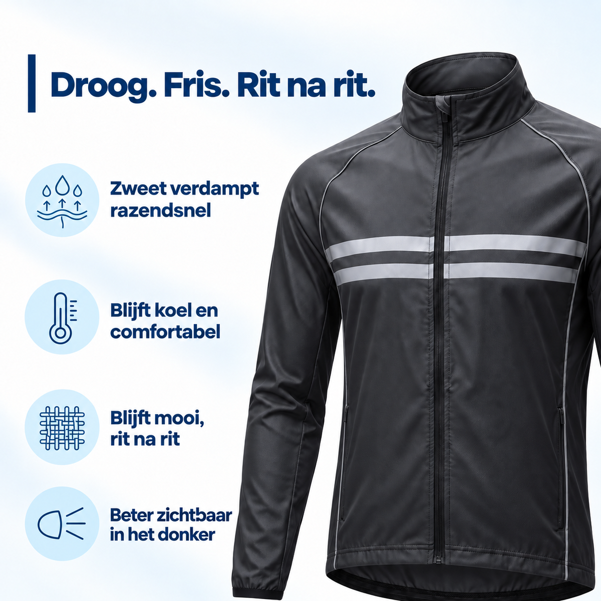 Black jacket at an angle beside four icon panels covering quick-drying fabric, staying cool, durability and visibility in the dark. 4