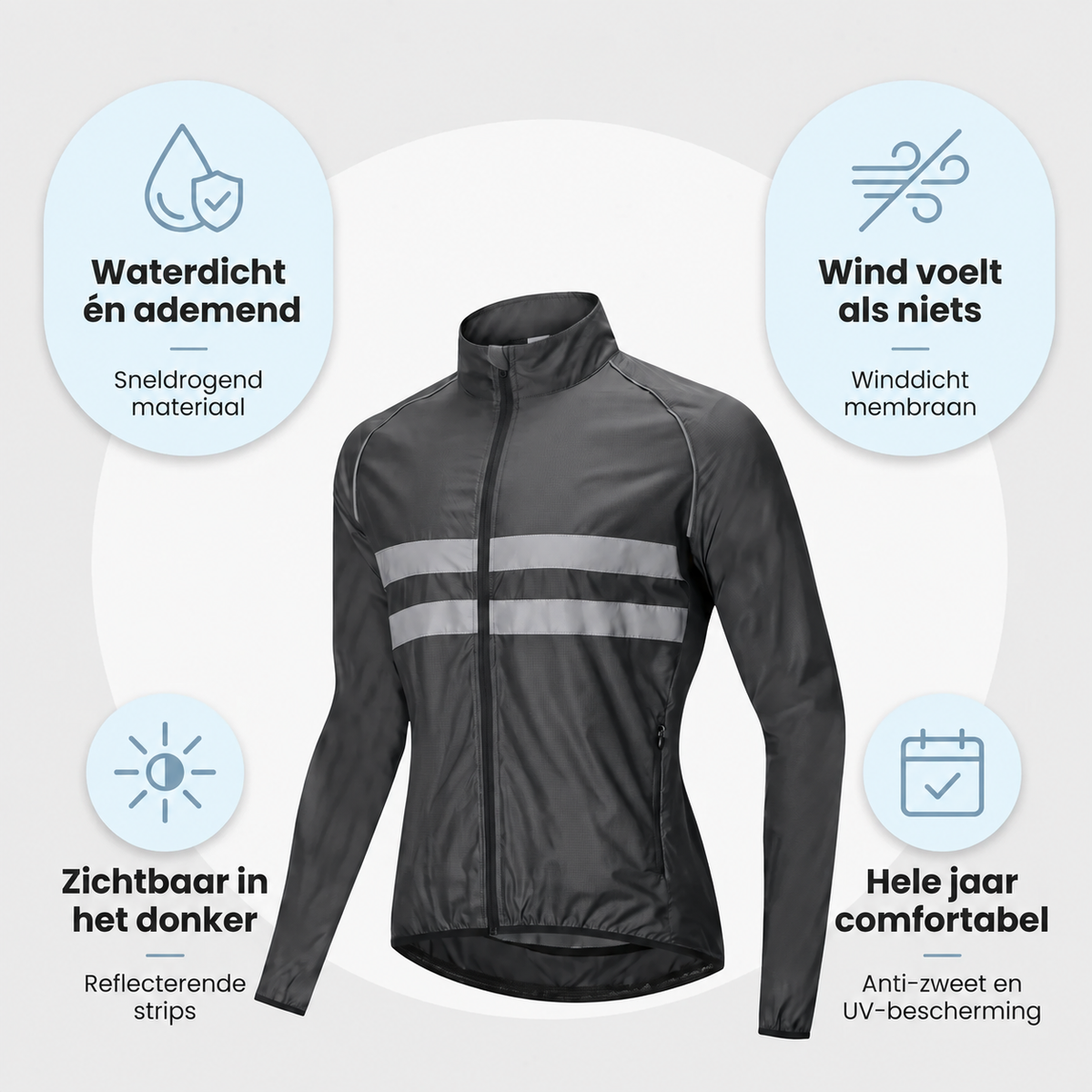 Black jacket with two reflective stripes surrounded by four icon bubbles on waterproofing, wind protection, night visibility and year-round comfort. 7