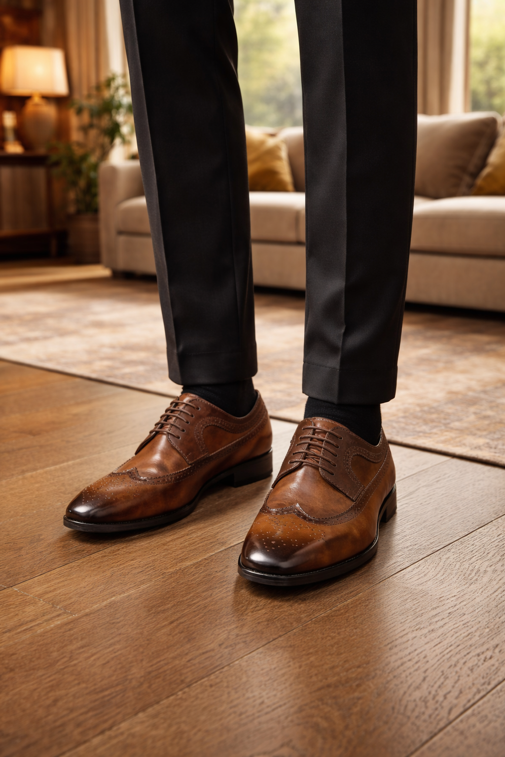Tan brown leather wingtip brogues worn with dark tailored trousers and black socks, standing on a wooden floor in a living room. 1