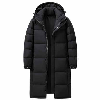 Black quilted hooded coat on a plain background, front view with the zip and studs open 1
