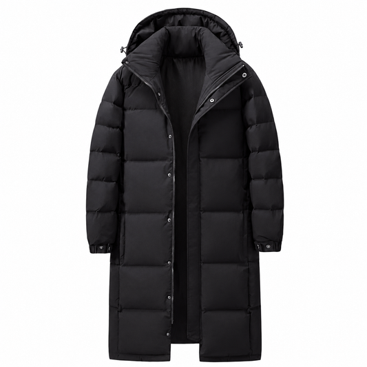 Black quilted hooded coat on a plain background, front view with the zip and studs open 1