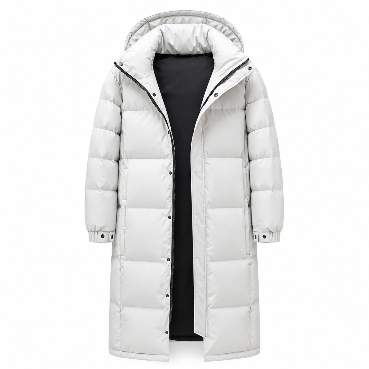 White quilted hooded coat on a plain background, front view with the zip open showing the black lining 8