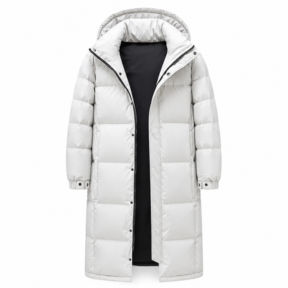 White quilted hooded coat on a plain background, front view with the zip open showing the black lining 8