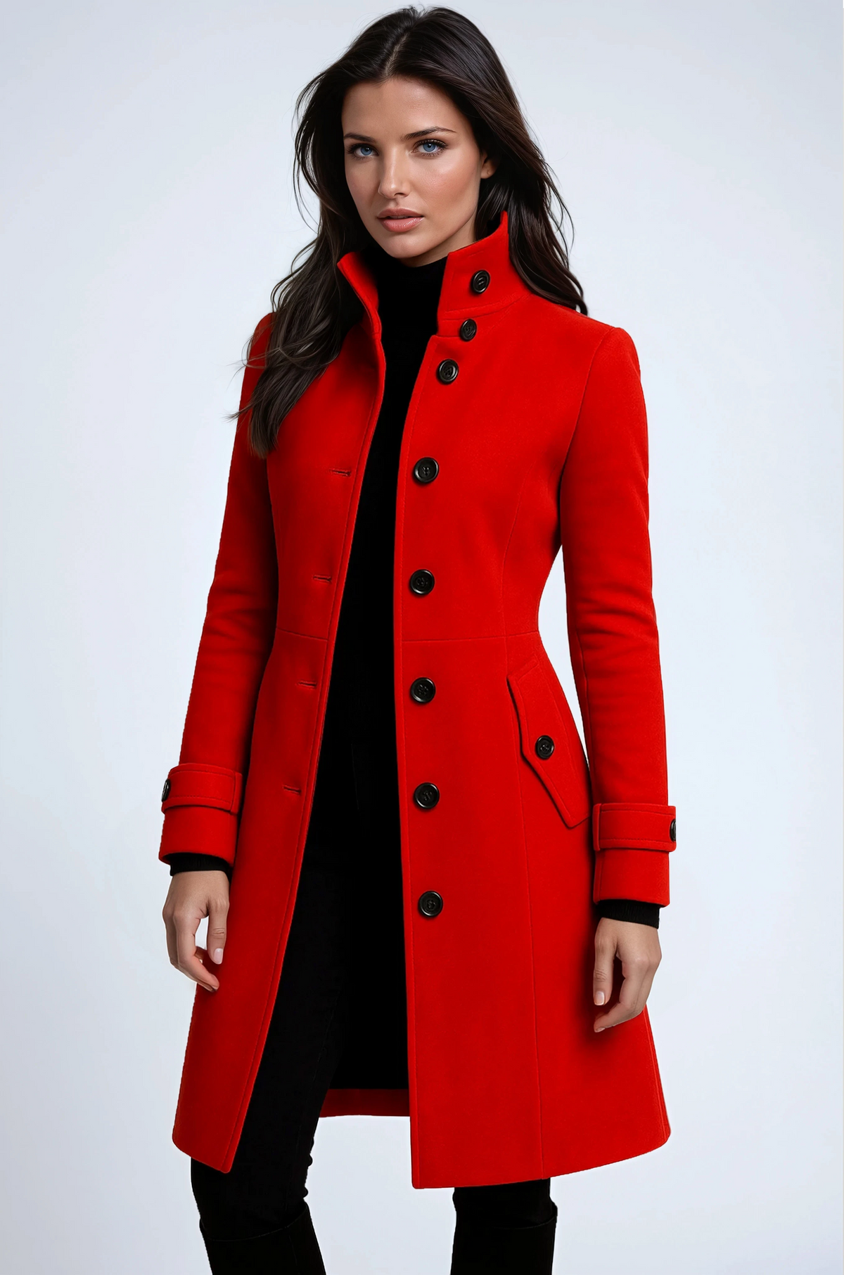 Model in the bright red version, open at the front, showing sleeve tabs and flap pocket 3