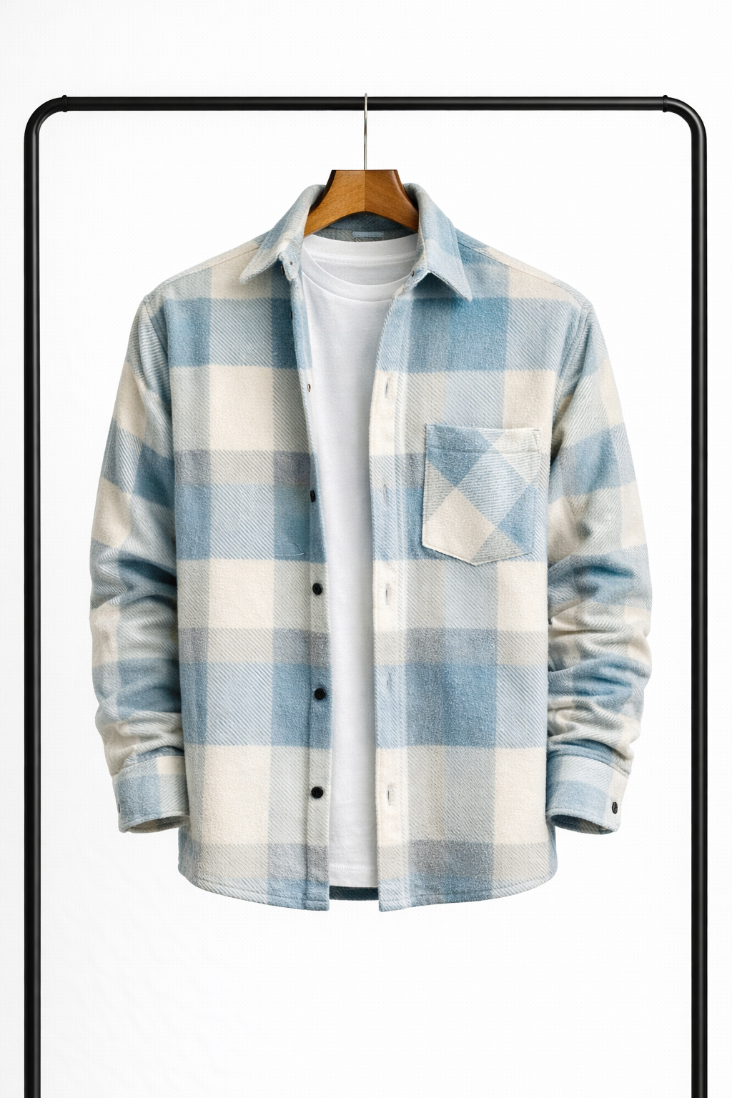 Front of the overshirt in pale blue and cream check, hanging open over a white tee, with a chest pocket. 1