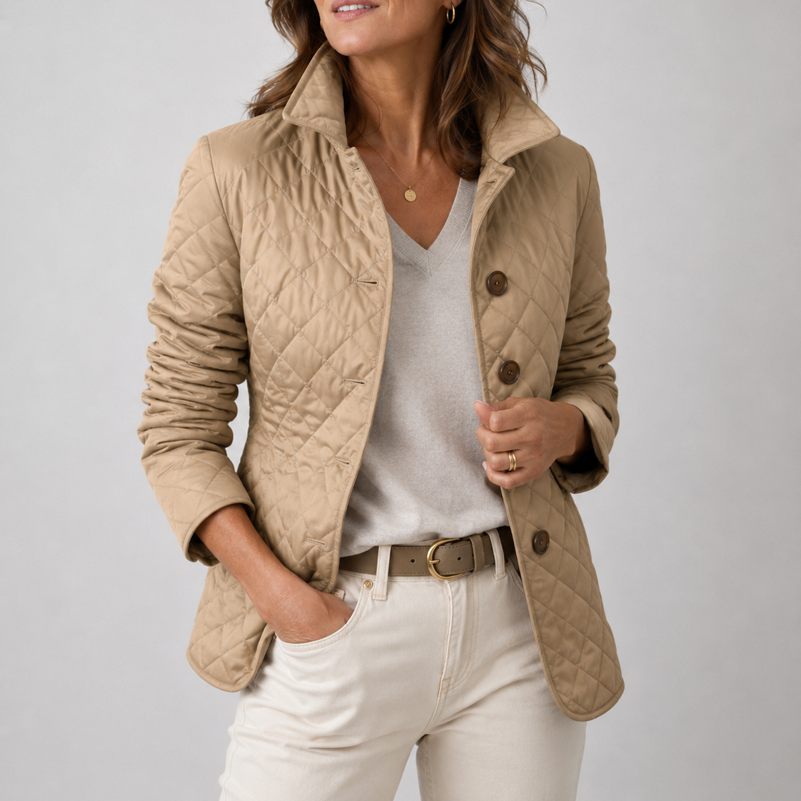 Woman wearing the diamond-quilted jacket in camel, unbuttoned over a pale jumper and cream jeans 1