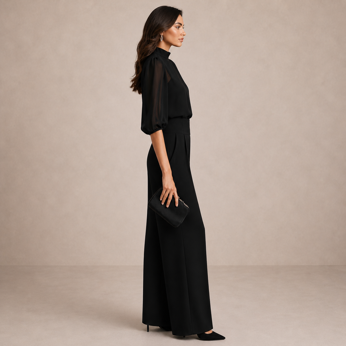 Side view of the black set on a model, showing the puff sleeve and high waistband 3