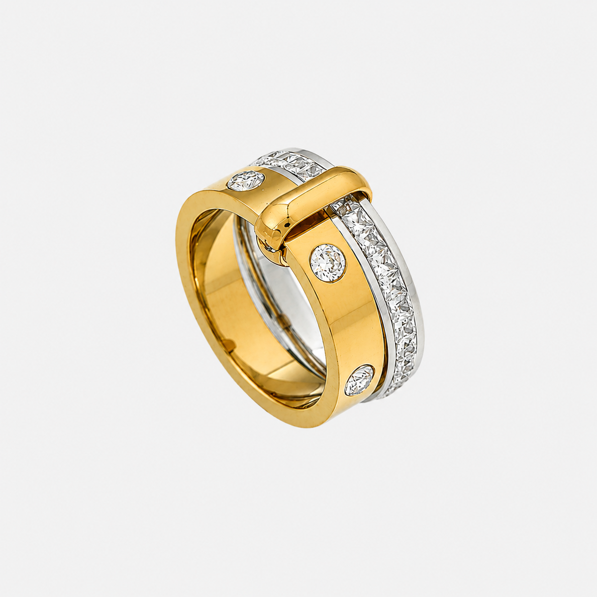 Angled view of a wide gold band with round stones, a silver row of square clear stones and a gold clasp 1