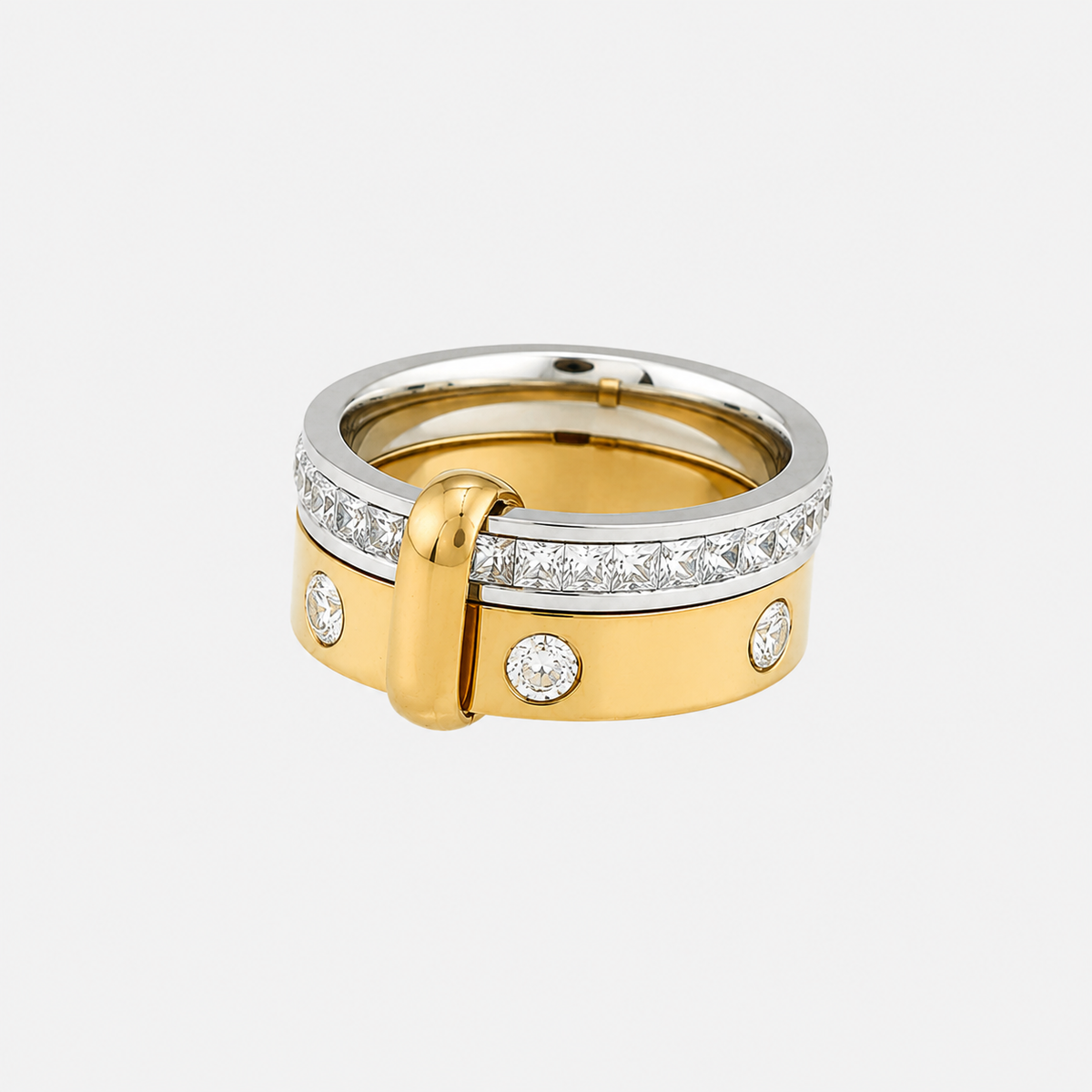 Front view of the ring, with the silver band of square clear stones above the gold band 2