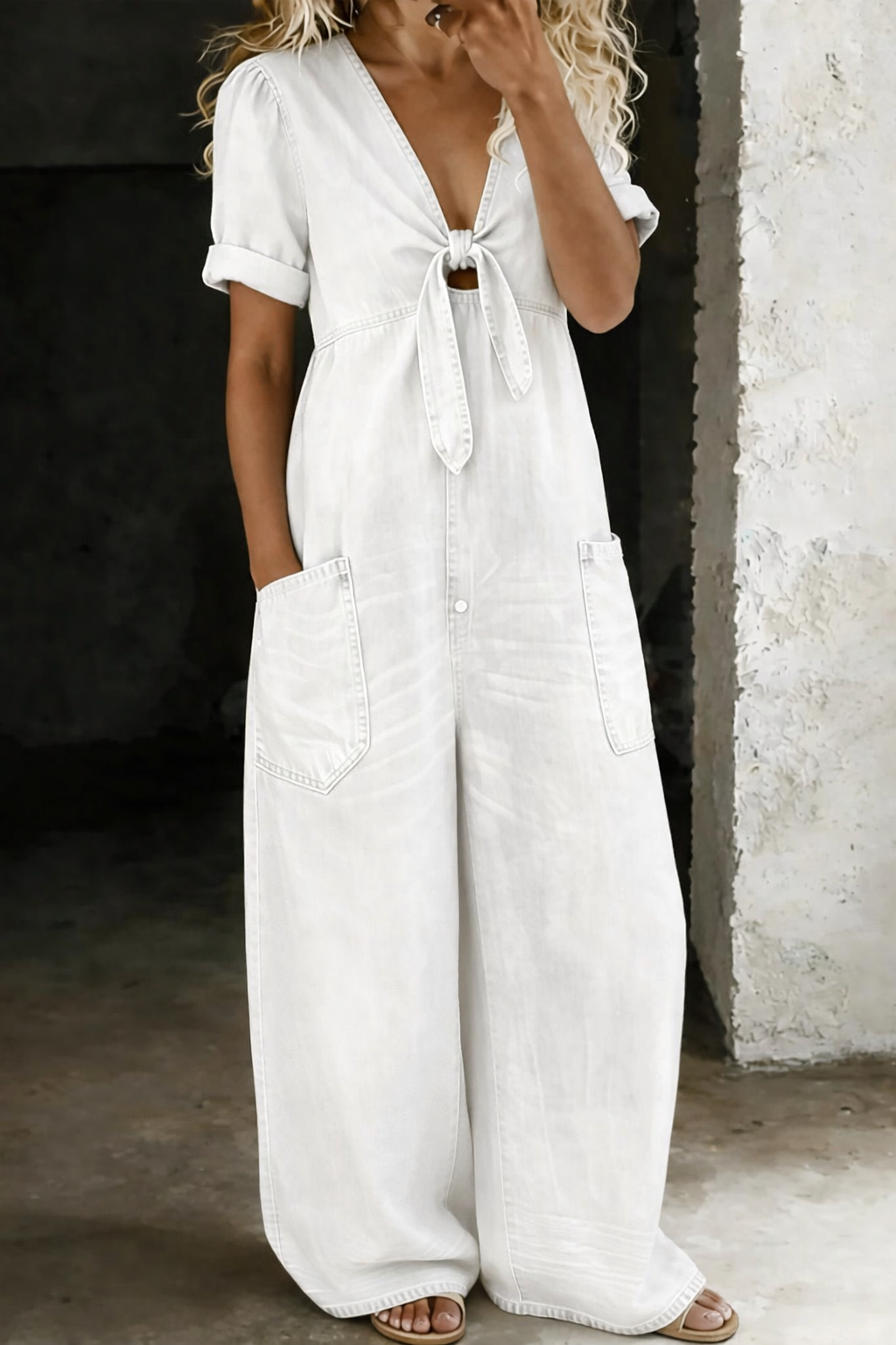 Front view on a model in a white denim version, with tied V-neck, rolled sleeves and wide legs 4