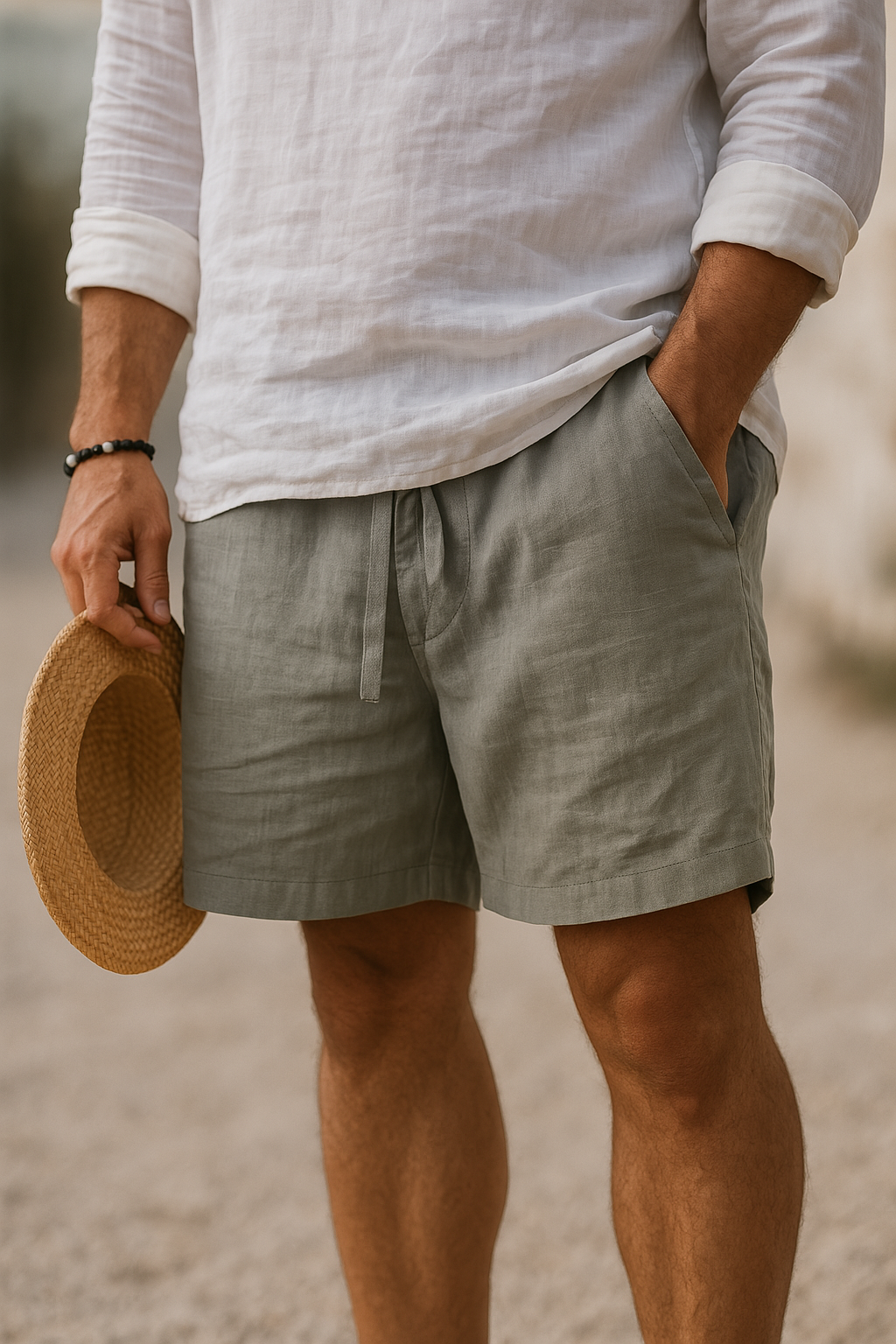 Grey-green drawstring shorts with a textured linen finish, styled with a crumpled white shirt and a straw hat held at the side. 10