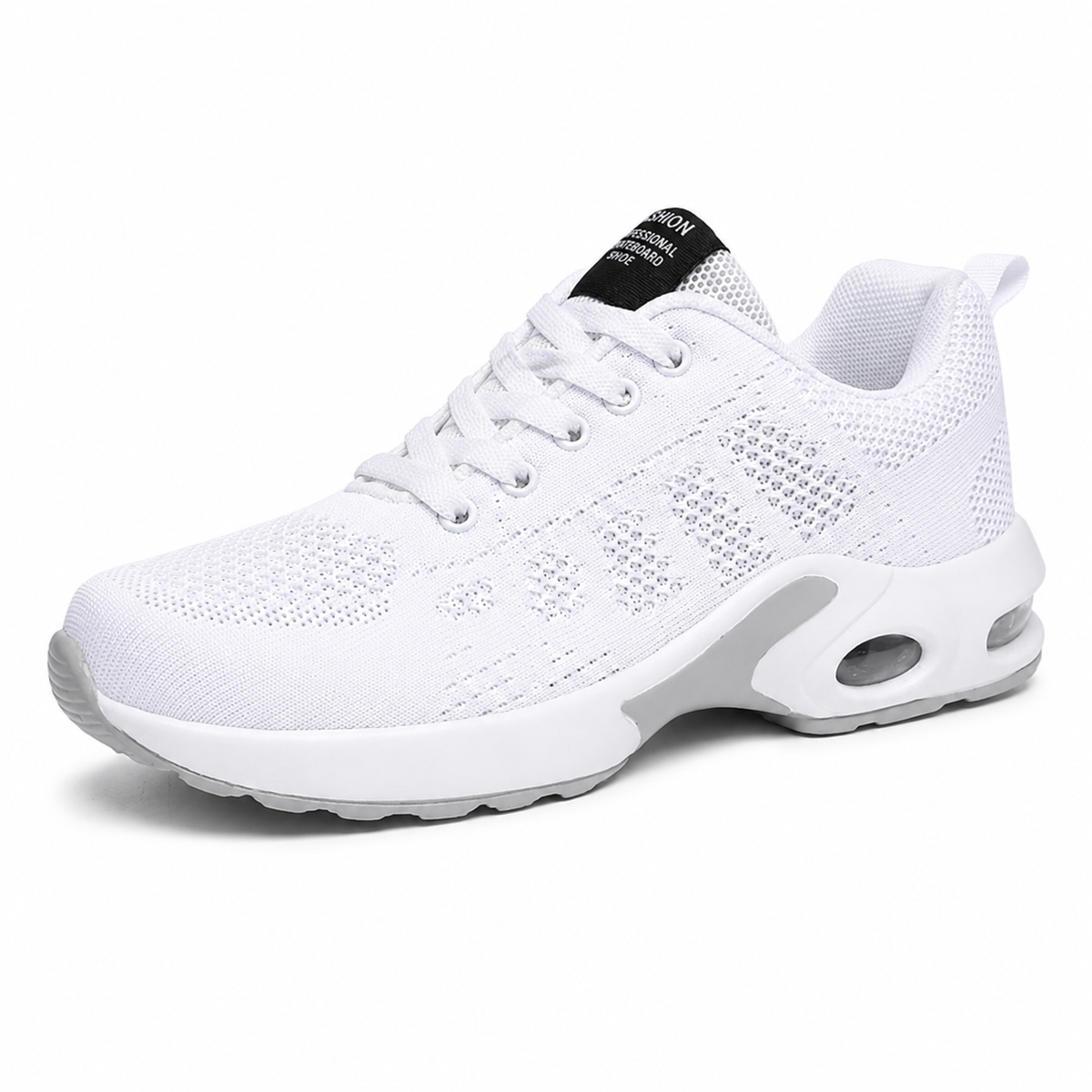 Side view of an all-white lace-up trainer with perforated knit mesh upper and a cushioned sole with a visible air window. 1
