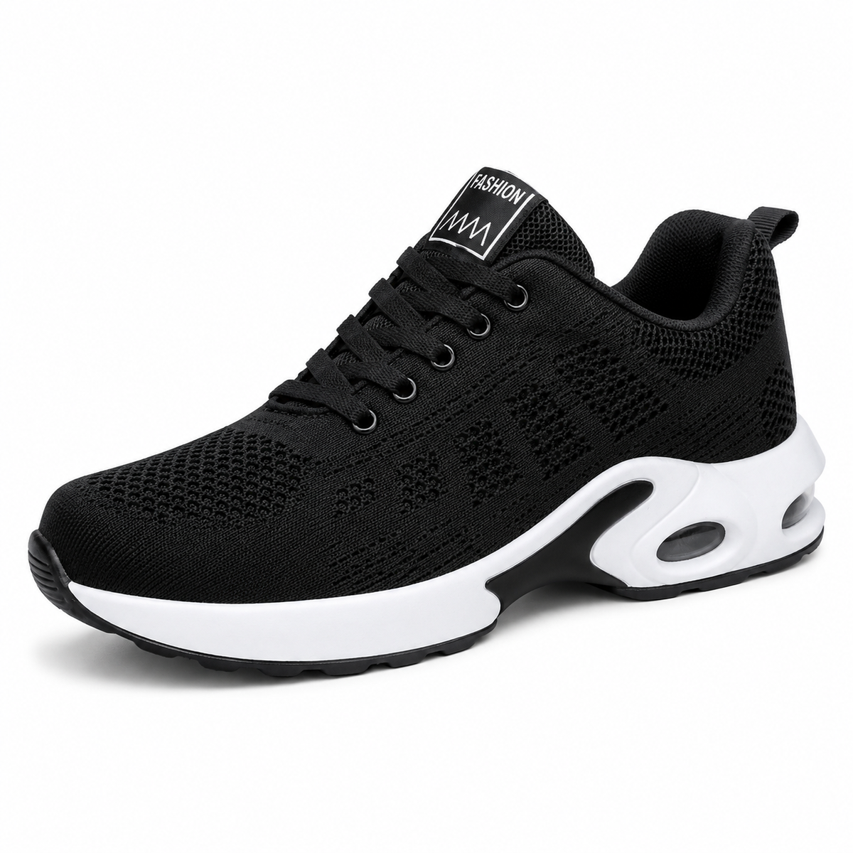 Side view of a black mesh trainer with black laces, a chunky white midsole and a clear air cushion in the heel. 2