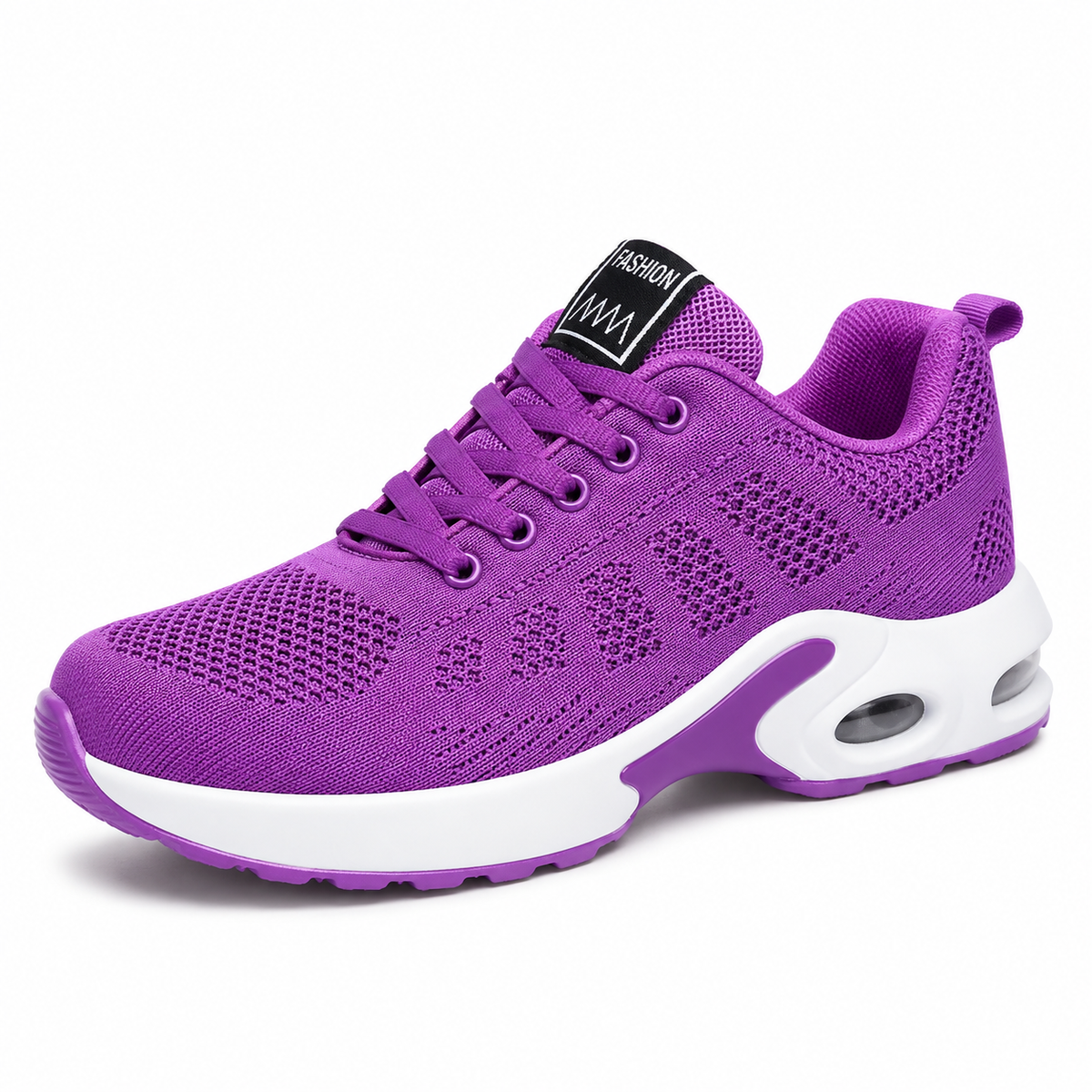 Side view of a vivid purple mesh trainer with matching laces, a white midsole and a transparent air cushion window. 4