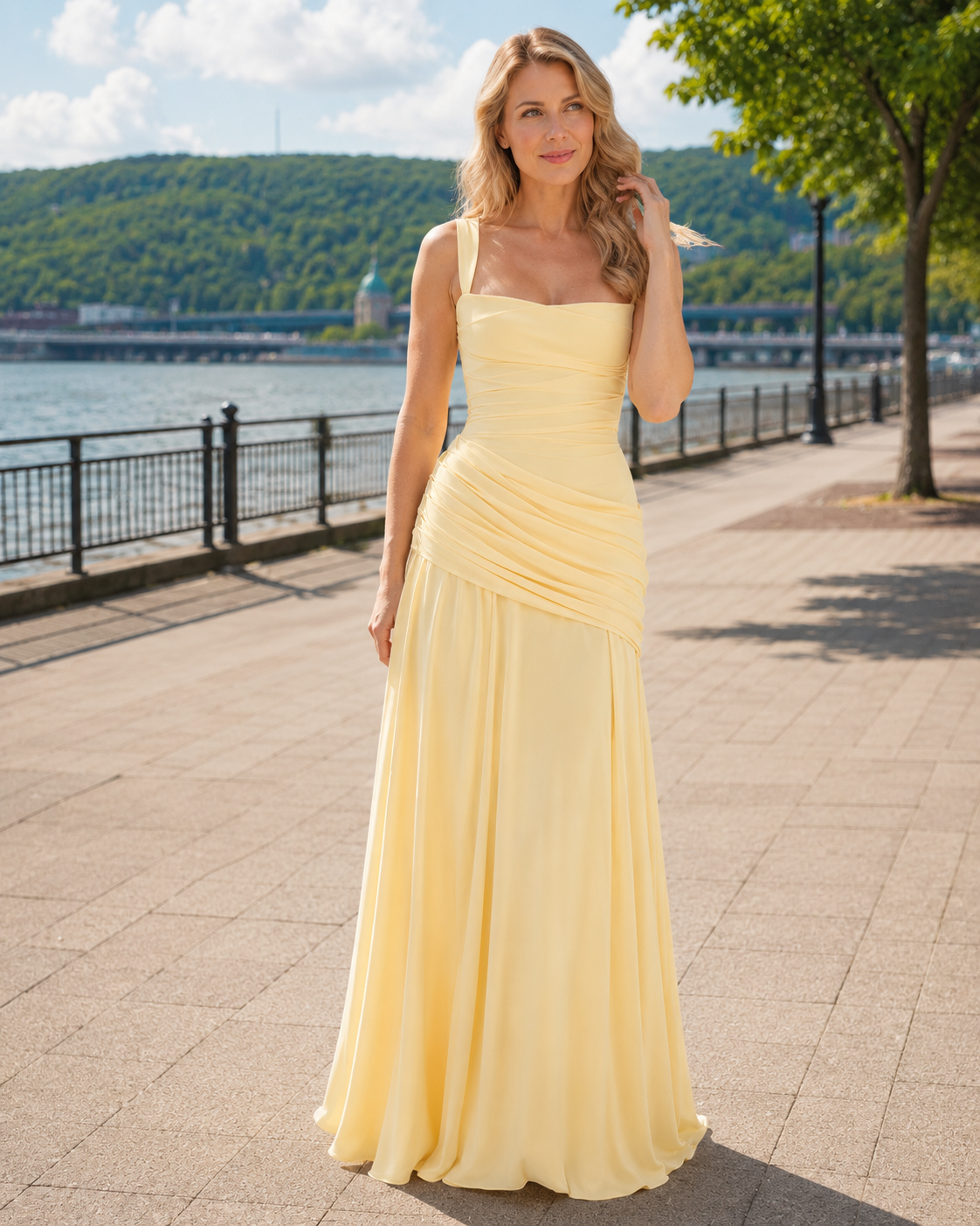 Woman wearing the pale yellow maxi dress outdoors on a sunny waterside promenade, hand raised to her hair. 1