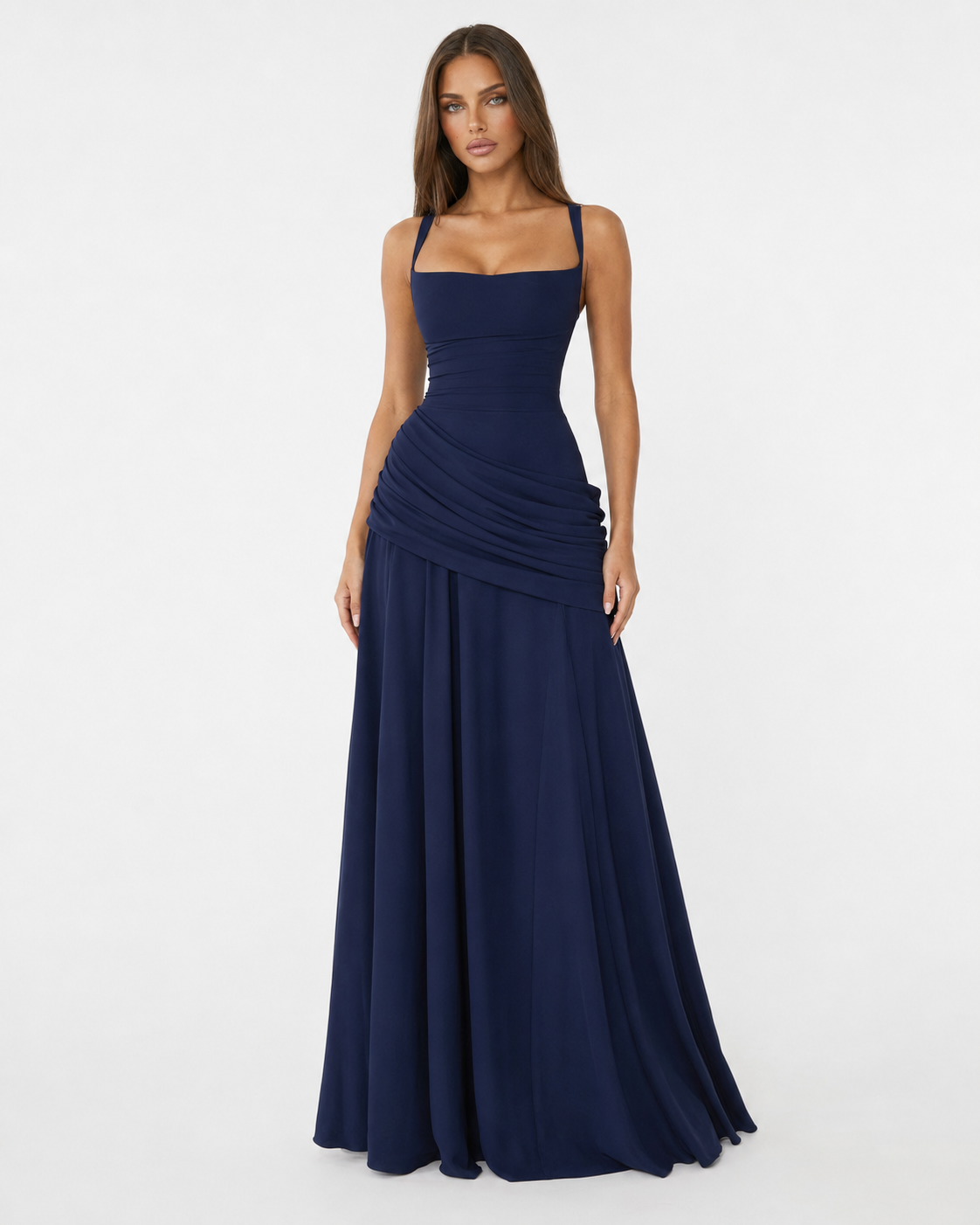 Full-length front view of the navy blue maxi dress, showing square neckline, gathered waist drape and flared skirt. 15