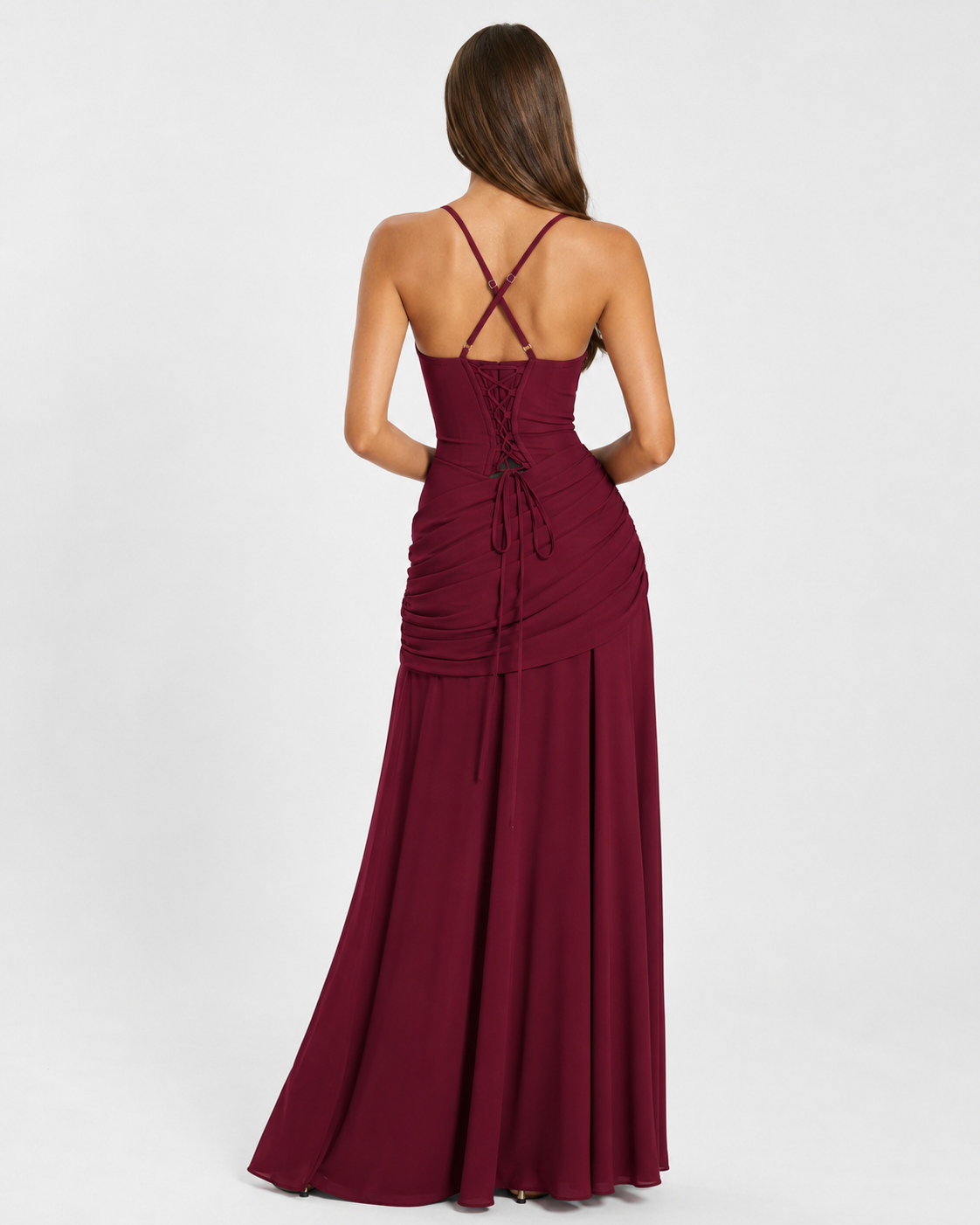 Back view of the burgundy maxi dress, showing the corset lace-up back, trailing ties and crossed straps. 11