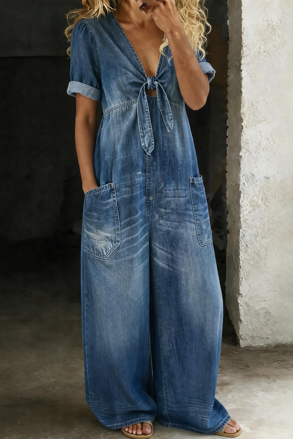 Model wearing the jumpsuit in mid-blue washed denim, front view with knotted V-neck and large patch pockets 1