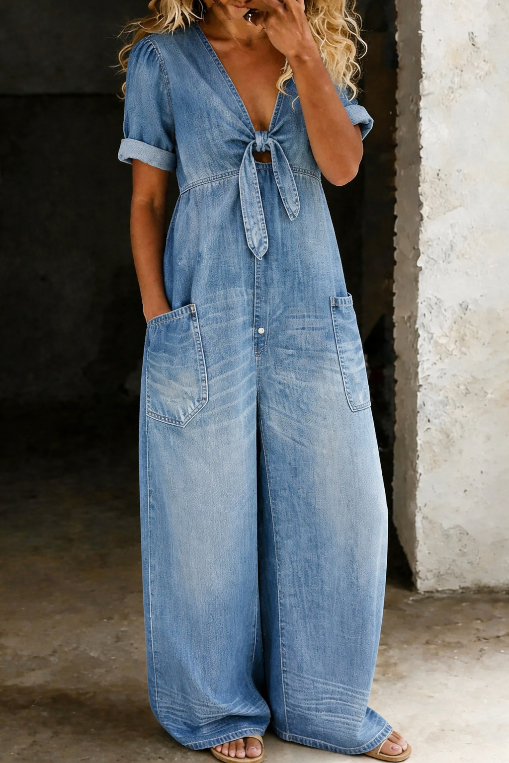 Front view on a model in a light blue washed denim version, with tie-front V-neck and wide legs 2