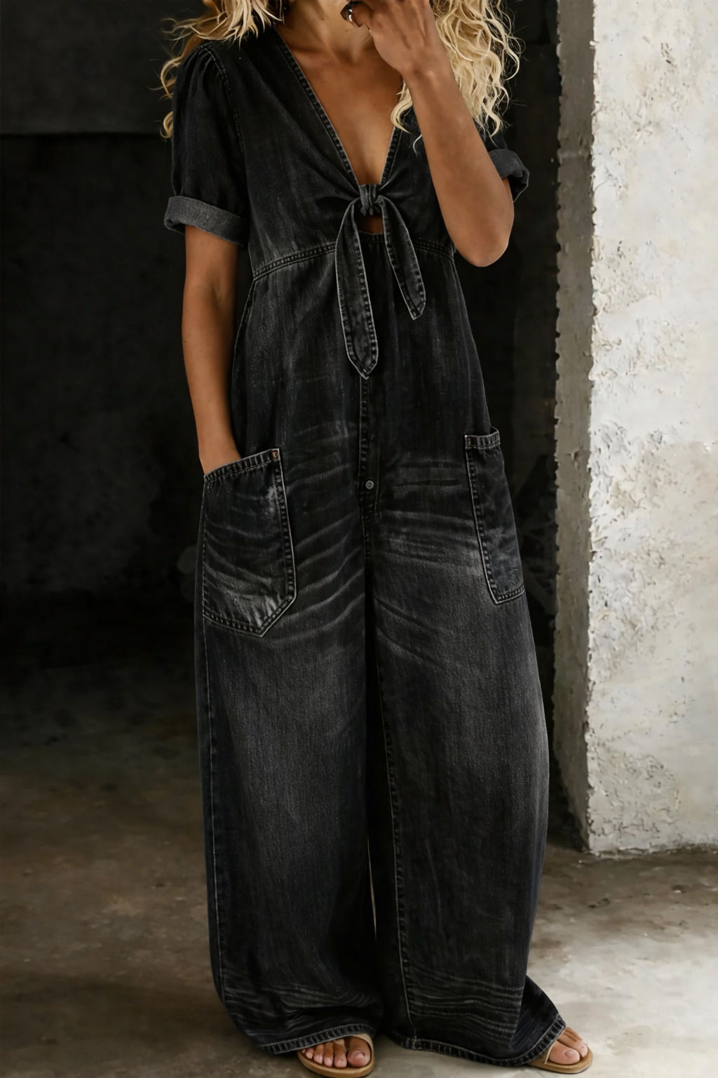 Front view on a model in a faded black denim version, showing the knotted neckline and patch pockets 3