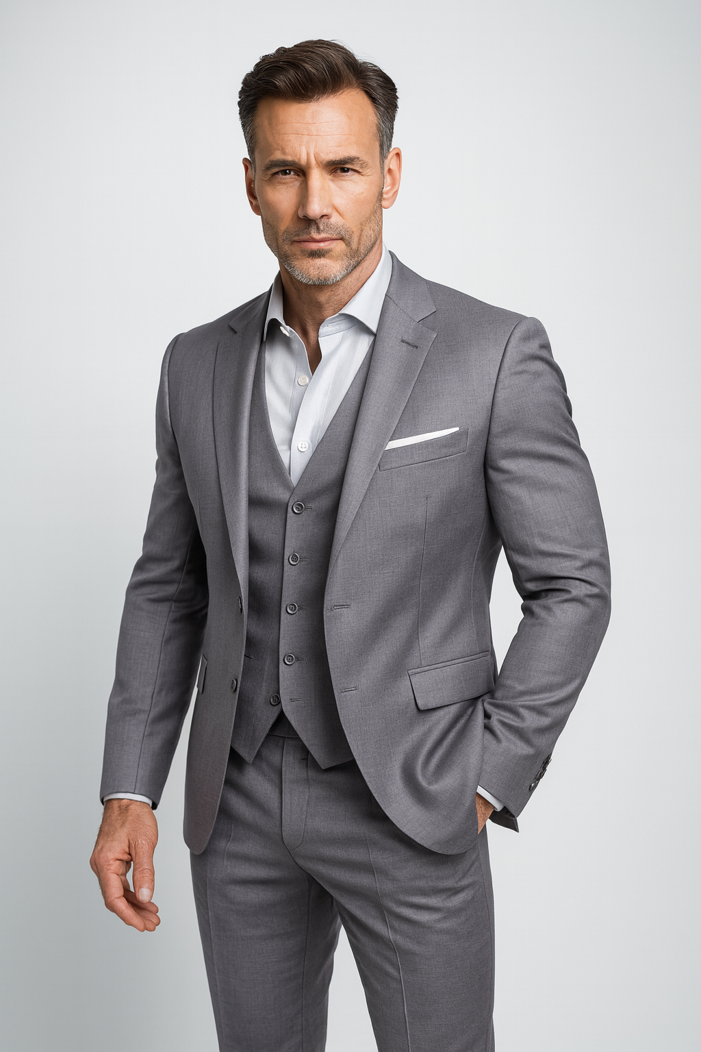 Model in the grey three-piece suit with light open-collar shirt and white pocket square, standing square to the camera with a serious expression. 3