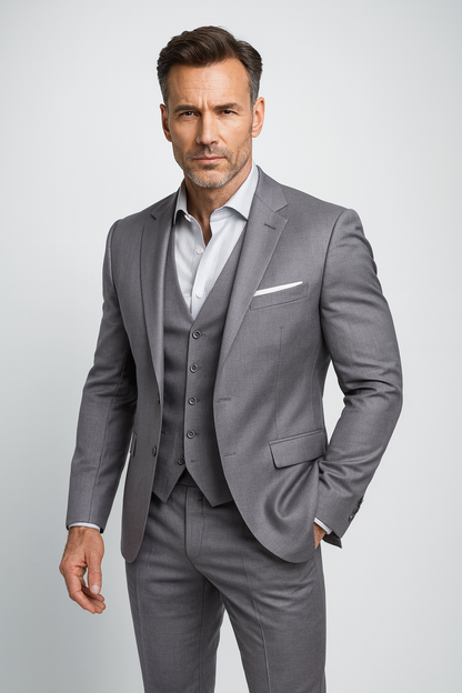Model in the grey three-piece suit with light open-collar shirt and white pocket square, standing square to the camera with a serious expression. 3