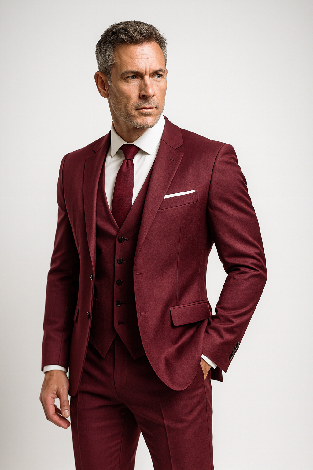 Model in the burgundy three-piece suit with matching tie, white shirt and pocket square, turned to the side with one hand in a pocket. 5