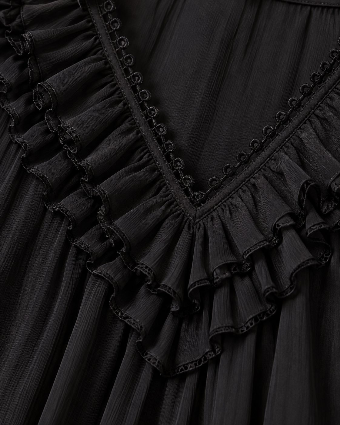 Close-up detail of the ruffled V-neckline in crinkled black chiffon, with looped trim and scalloped, finely stitched ruffle edges. 5