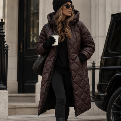 Model wearing the unzipped diamond-quilted coat in dark chocolate brown with hood up, black beanie and leggings, standing on a city street. 2