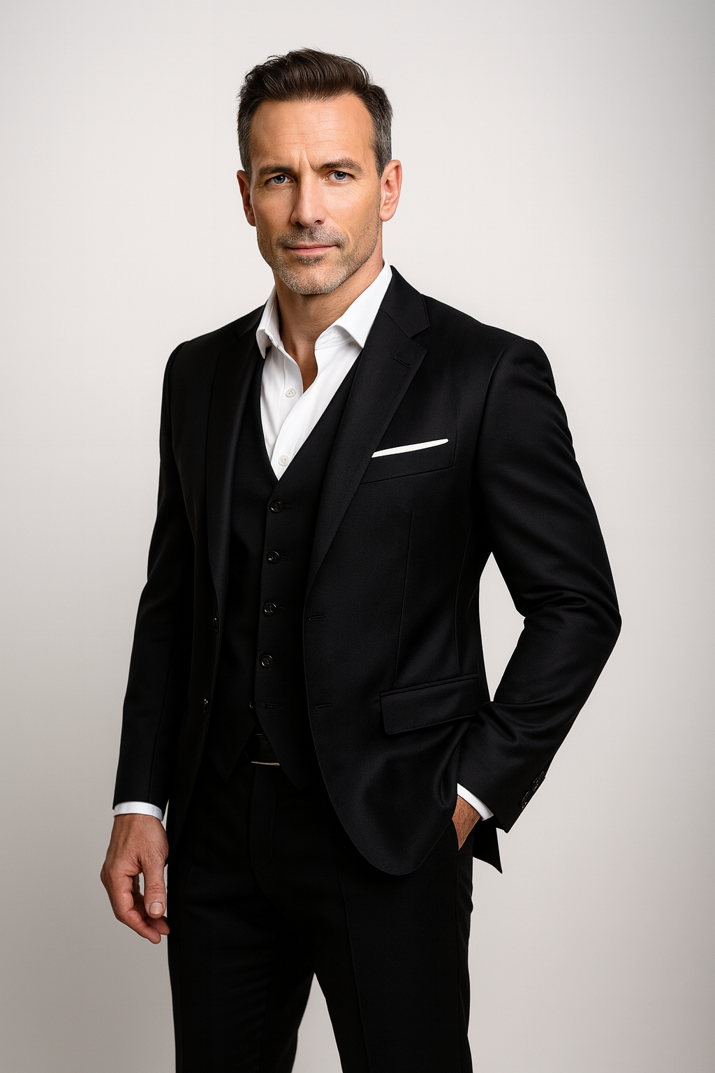Model in the black three-piece suit with white open-collar shirt and pocket square, facing the camera with one hand in a trouser pocket. 2