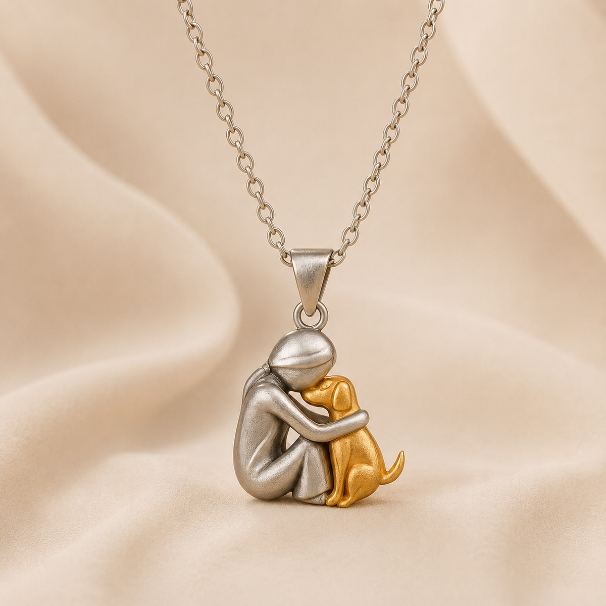 Matt silver-toned pendant of a seated figure embracing a gold-toned dog, on cream draped fabric 1