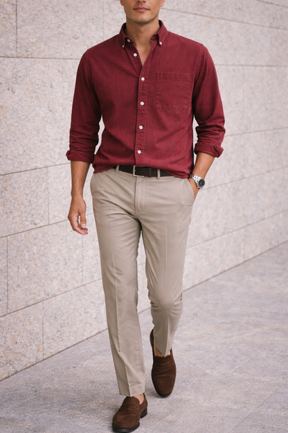 Full-length view of a burgundy button-down shirt with sleeves rolled, worn with stone trousers and brown suede loafers. 9