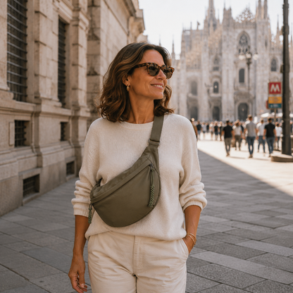 Smiling woman in a cream jumper wearing the olive bag diagonally across her chest in front of a grand cathedral. 4