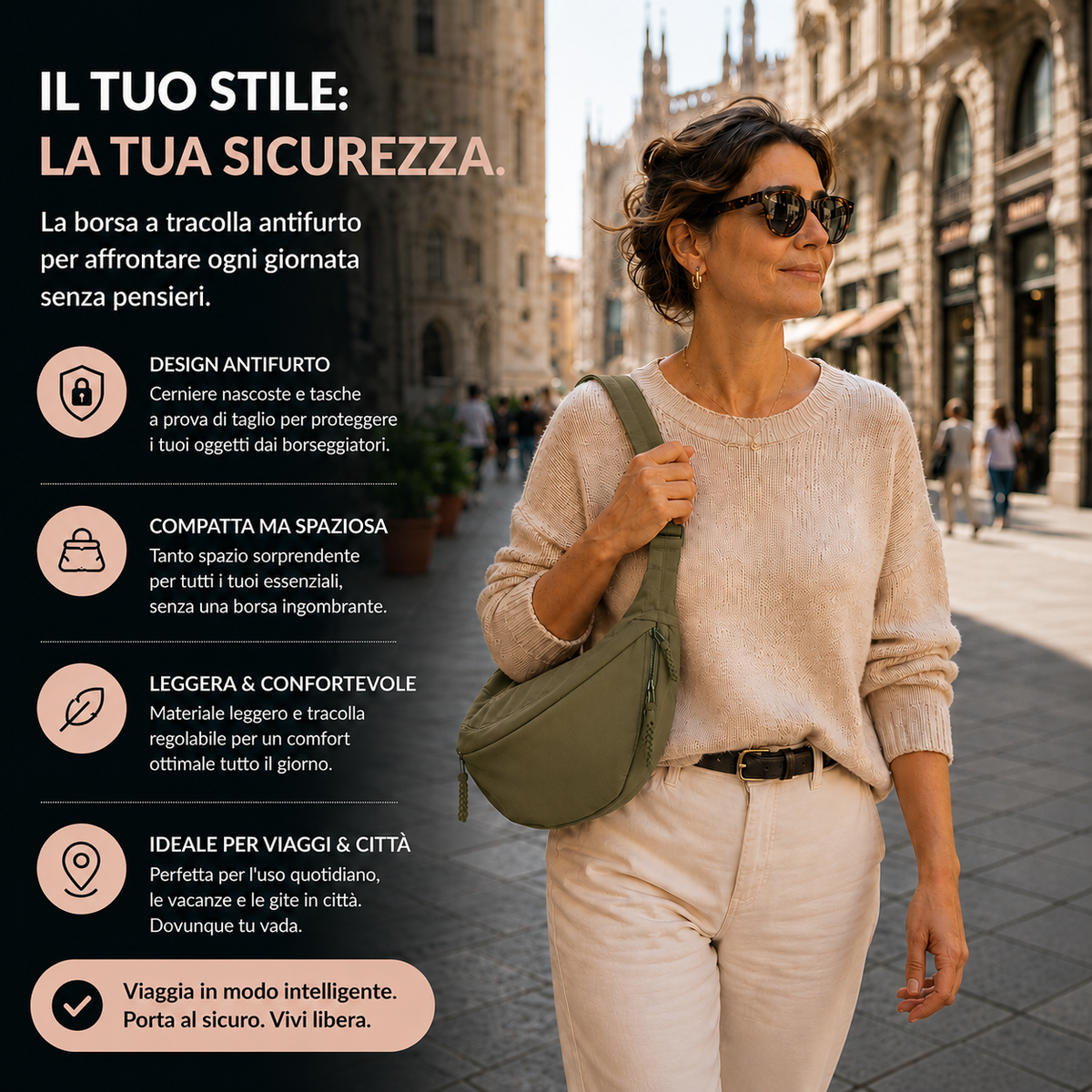 Woman in a cream jumper and sunglasses carrying the olive bag on one shoulder on a city street, with feature icons alongside. 2