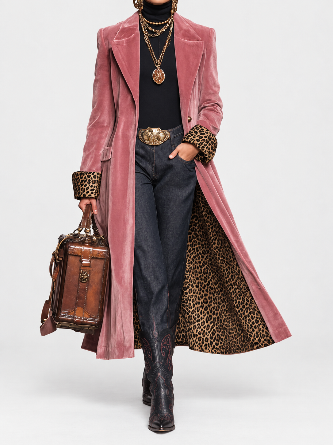 Pink coat worn open on a white background with gold necklaces, brown leather bag and cowboy boots 2