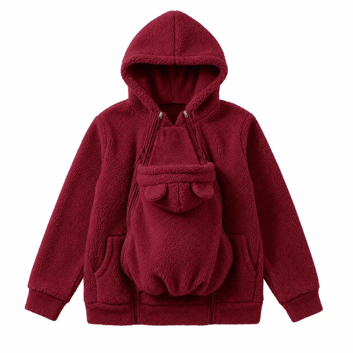 Flat lay of the hoodie in deep burgundy red with the baby carrier panel attached, bear ears on its small hood. 16