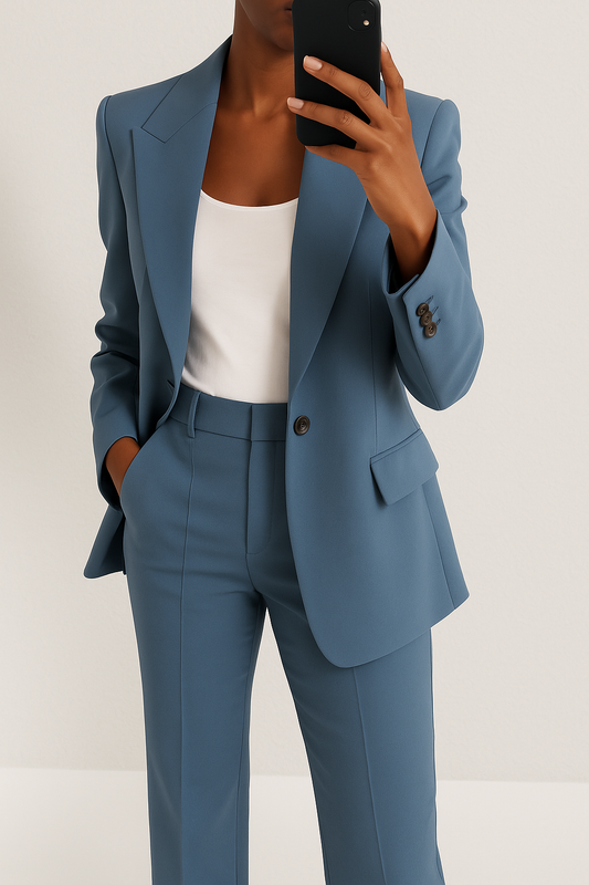 Close-up of the steel blue blazer and trousers worn with a white top, showing button detail 1