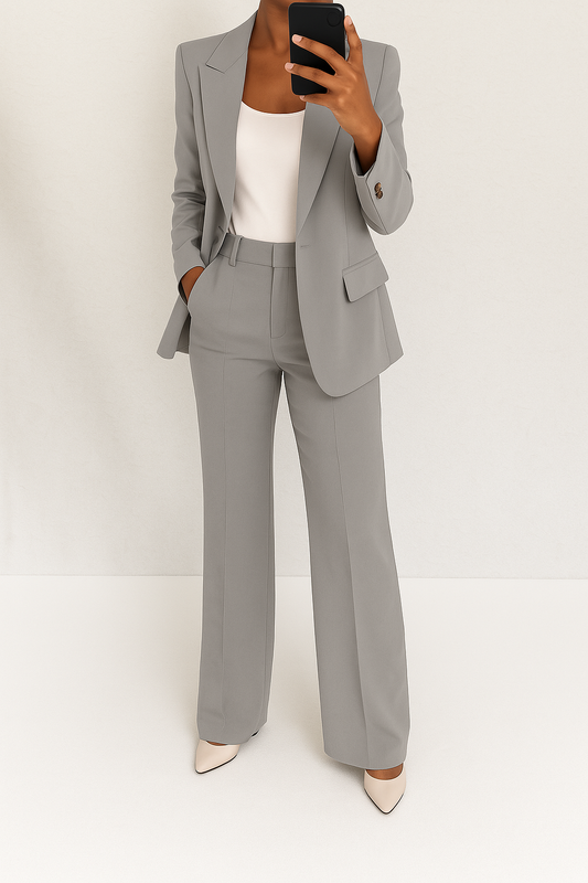 Full-length view of the grey suit worn with a white top and cream pointed heels 2