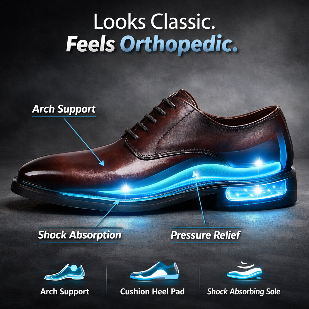 Burgundy Oxford with a glowing blue cutaway of the sole, labelled arch support, shock absorption and pressure relief 5