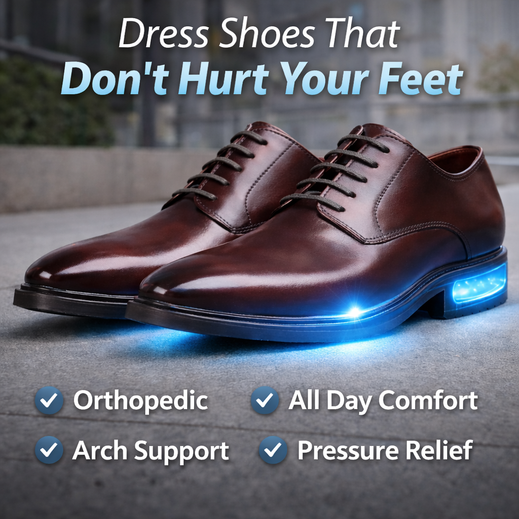 Pair of burgundy lace-up dress shoes on pavement, with a glowing blue heel and comfort feature checklist 7