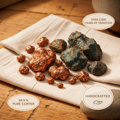 Raw copper nuggets and blue-green ore rocks on linen cloth, with informational labels about purity and craft 5