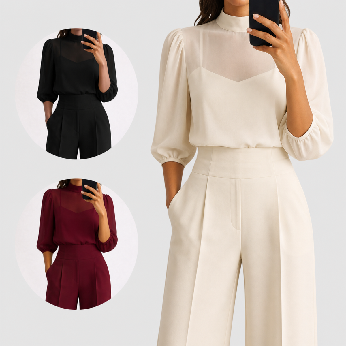 Close-up collage of the cream set's blouse and trousers, with black and burgundy inset circles 9