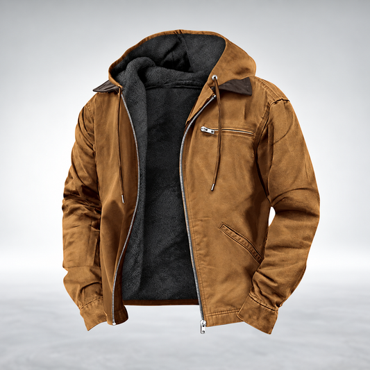 Tan-brown zip-up hooded jacket shown open from the front, with dark grey fleece lining, chest zip pocket and drawstring hood. 1