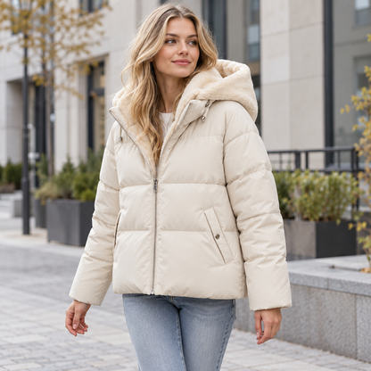 Same model in the cream version, zip open at the collar to show the soft fleece lining 3