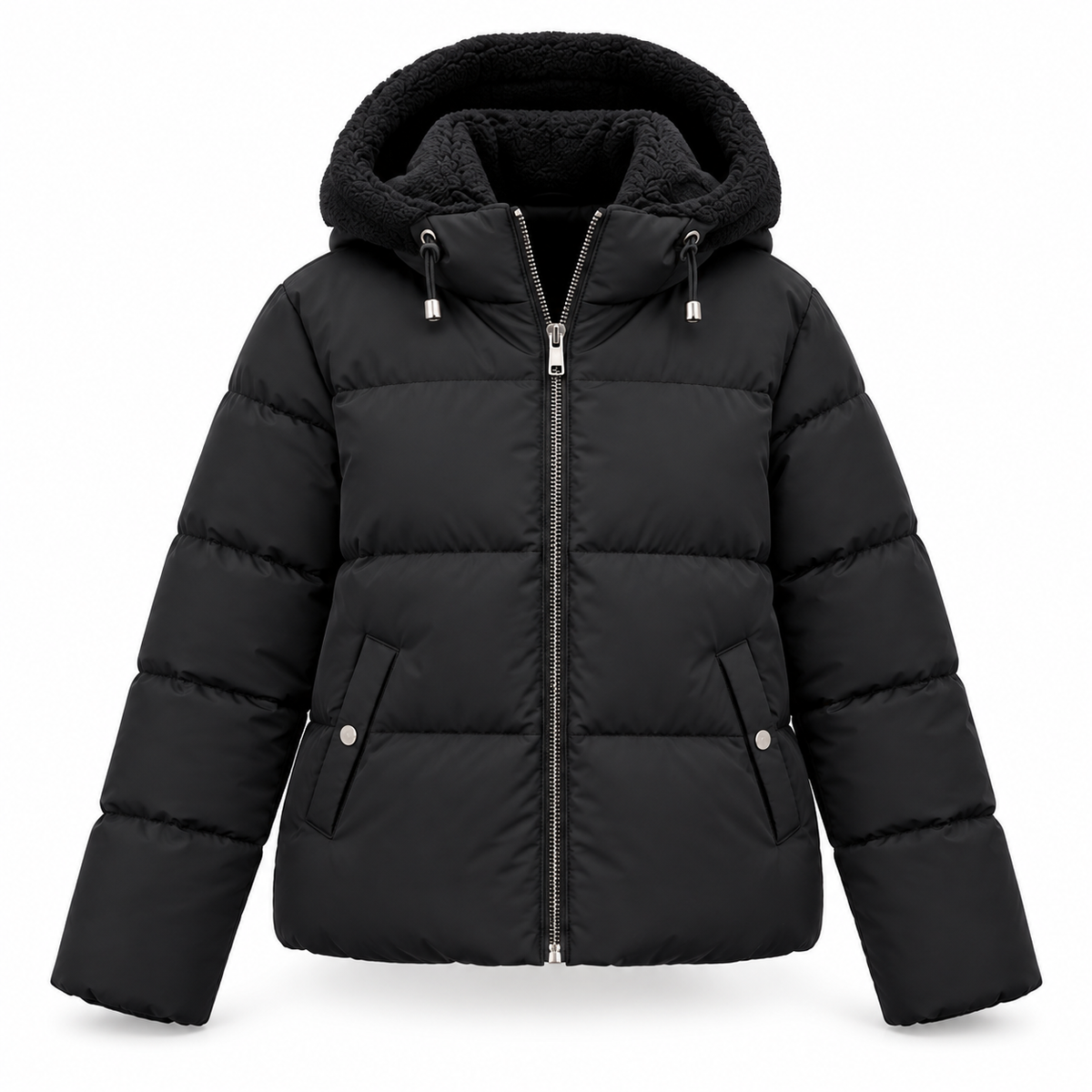 Black quilted jacket on a white background, front view with zip, drawcord hood and snap-fastened pockets 4