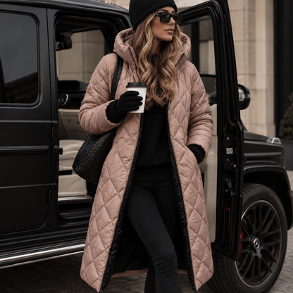 Model in the pale pink quilted long coat worn open over black knitwear and leggings, stepping out of a black car. 4