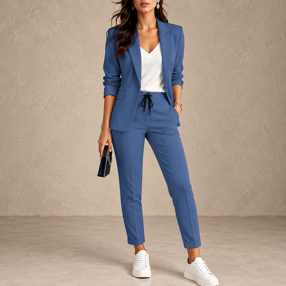 Model wears the blazer and drawstring trousers in blue with a white top and trainers 1