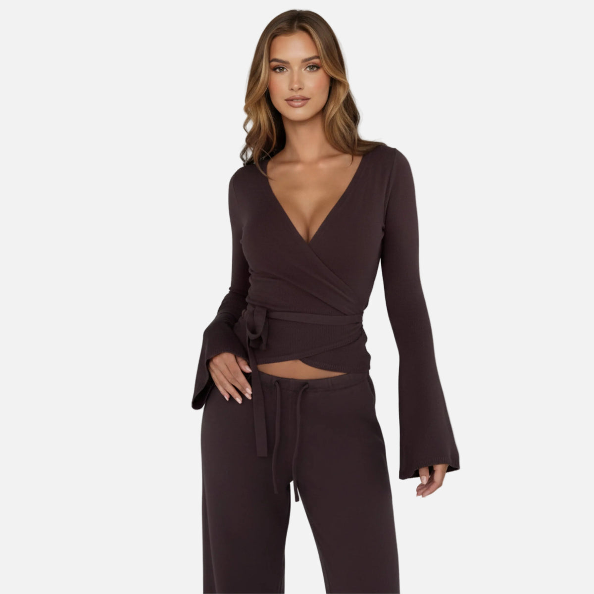 Knit Lounge Set Women's Wrap Top and Wide Leg Trousers